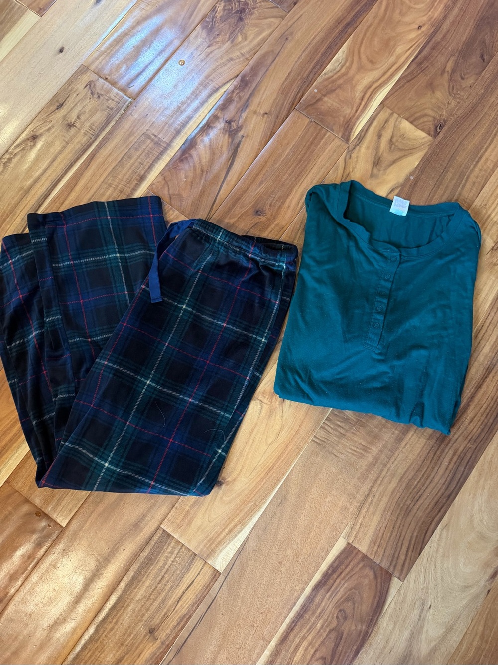 stars above Teal Henley Top with Navy Plaid Jogger Pants
